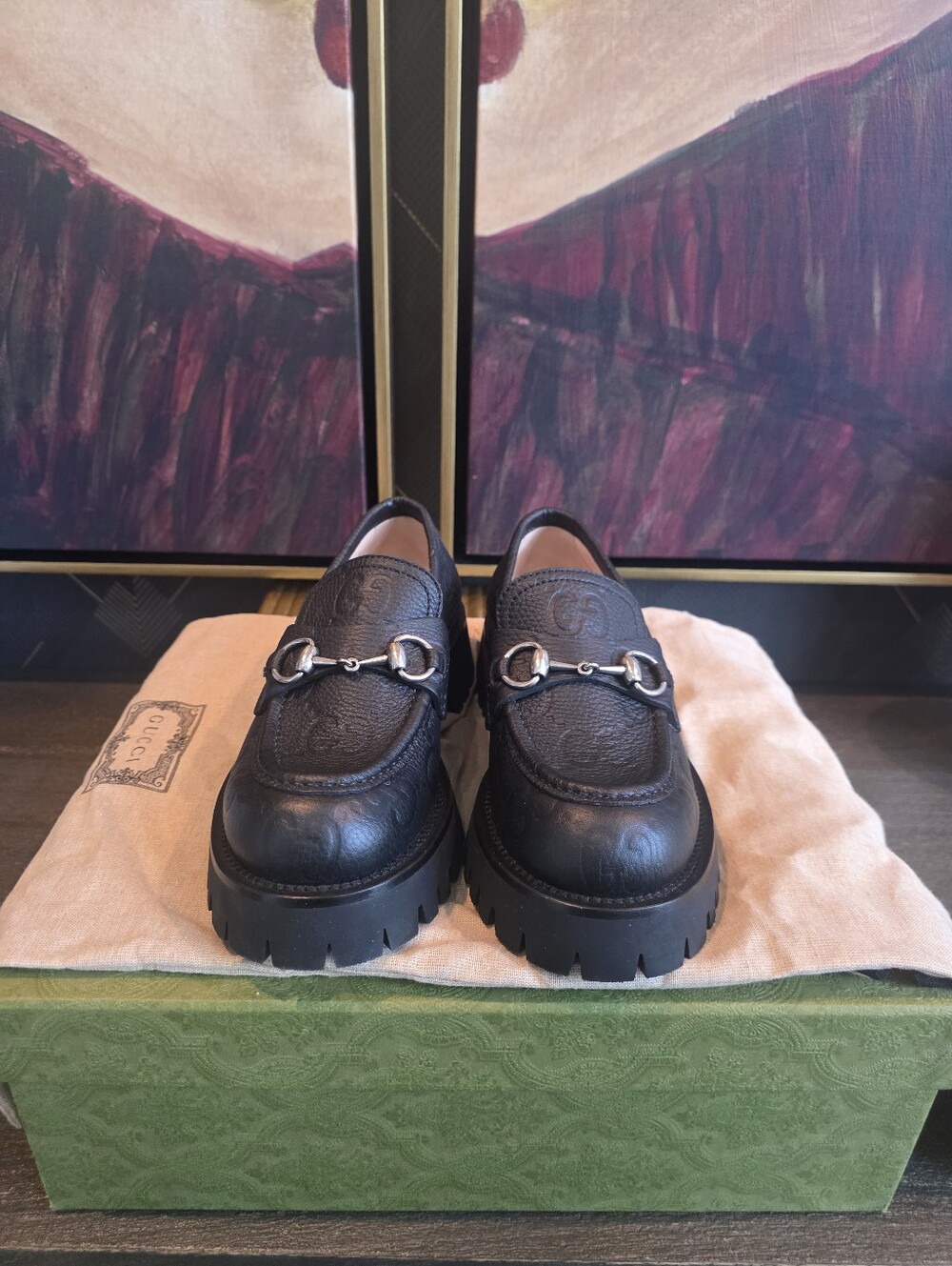 Gucci Black Cordovan Lux Lug Loafers With Embossed GG Pattern - Size 37.5